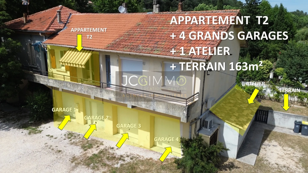 Appartement T2 rénové avec 4 garages, atelier et jardin attenant à Meounes les montrieux