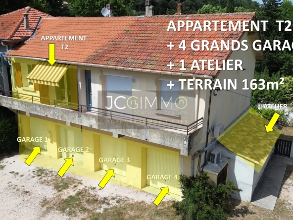 Appartement T2 rénové avec 4 garages, atelier et jardin attenant à Meounes les montrieux