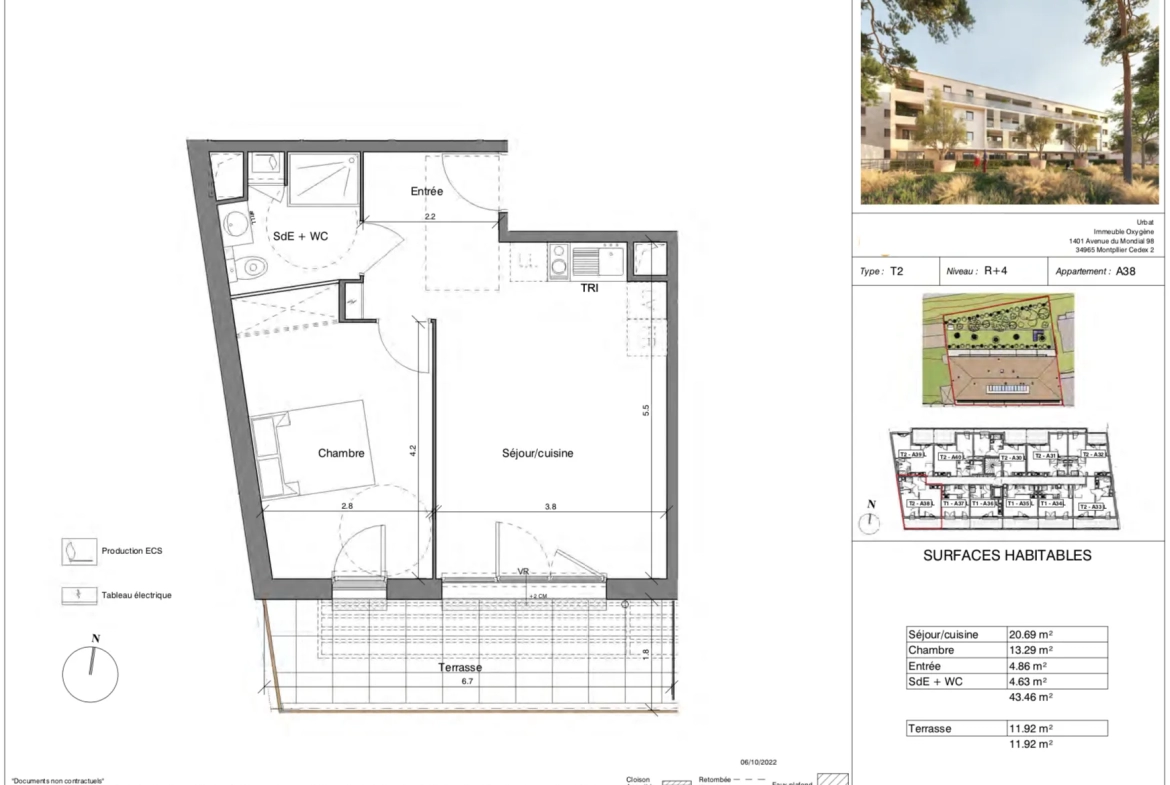 Appartement T2 de 43m2 au 4ème et dernier étage avec terrasse et stationnement en sous-sol 