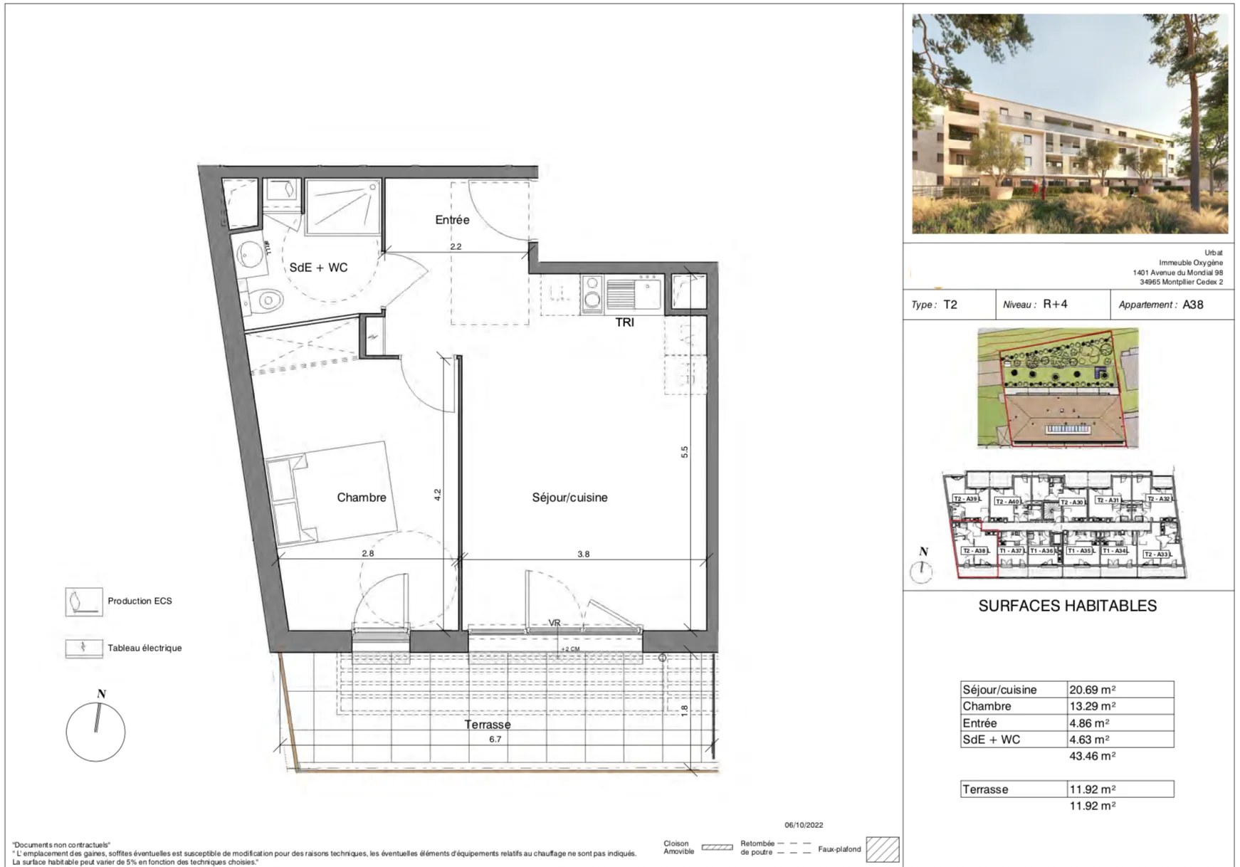 Appartement T2 de 43m2 au 4ème et dernier étage avec terrasse et stationnement en sous-sol 