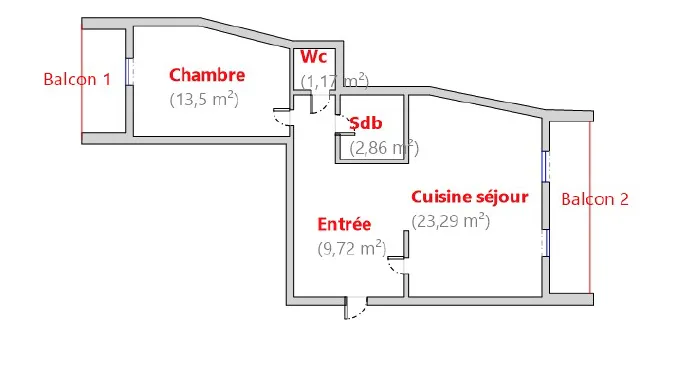 Appartement T2 de 50m2 avec 2 balcons à Saint-Etienne 