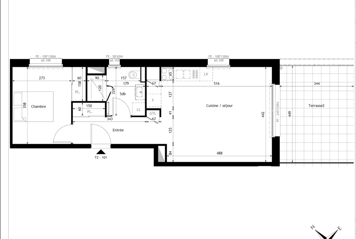 Appartement de 46,50 m2 à Daix avec cuisine, salon-séjour, chambre, salle de bains, terrasse exposée Sud-Est. 