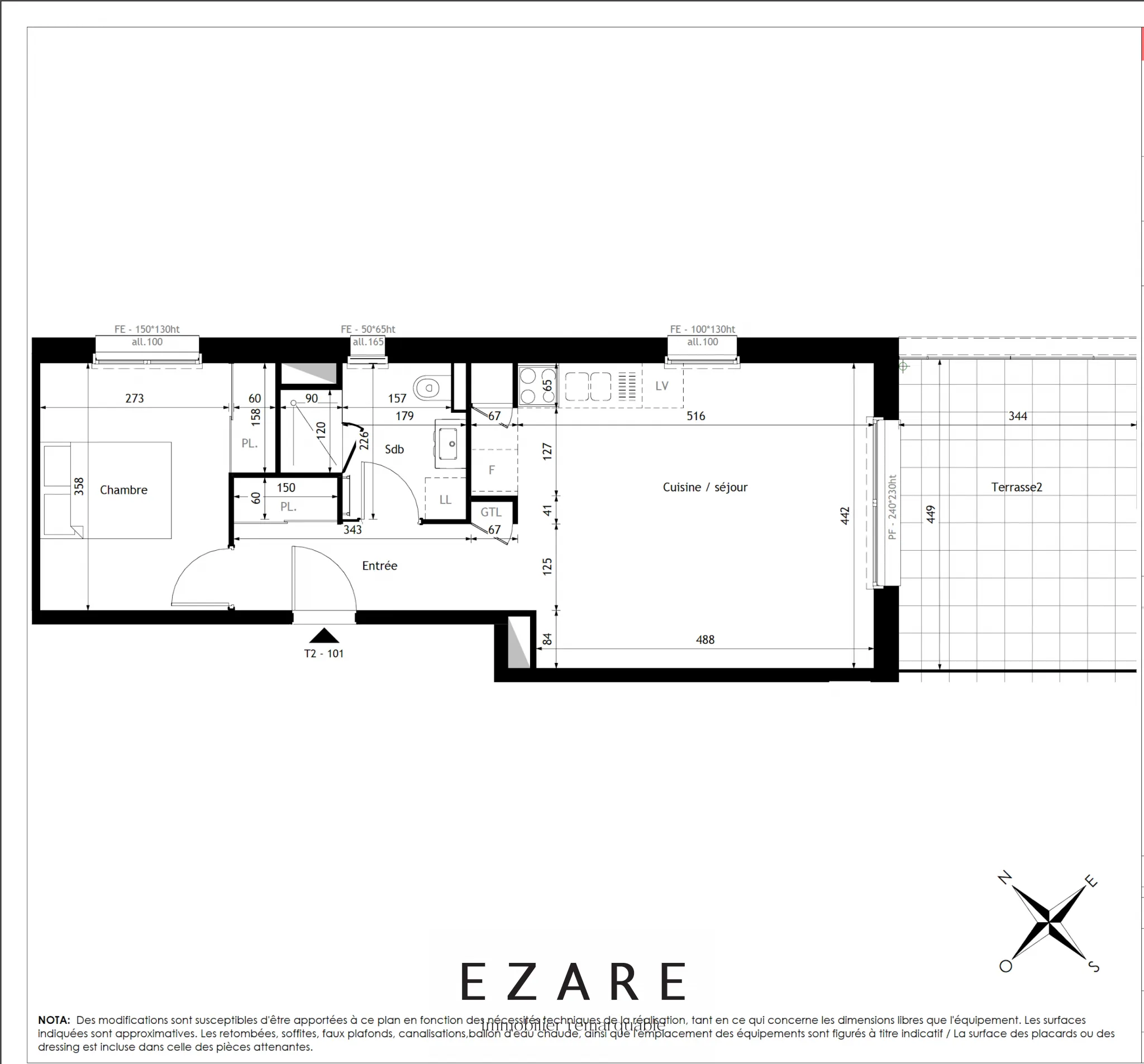 Appartement de 46,50 m2 à Daix avec cuisine, salon-séjour, chambre, salle de bains, terrasse exposée Sud-Est. 