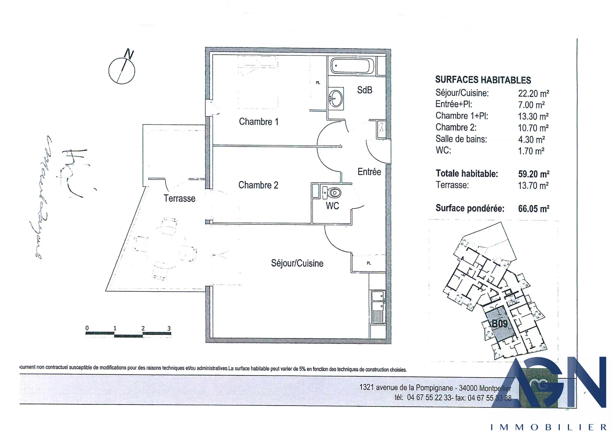 Appartement T3 de 59m2 avec terrasse à Montpellier 