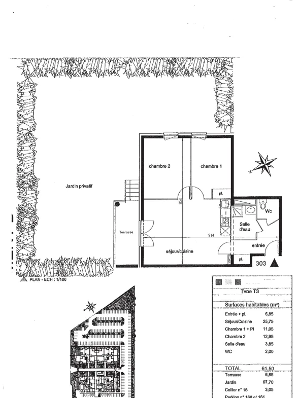 Appartement T3 de 61.5 m2 avec jardin privatif à Cornebarrieu 