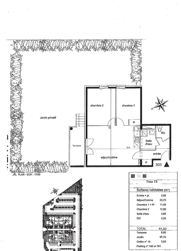 Appartement T3 de 61.5 m2 avec jardin privatif à Cornebarrieu 