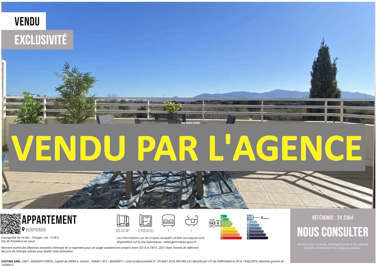 Appartement T2 au dernier étage avec terrasse de 25 m² à Perpignan 