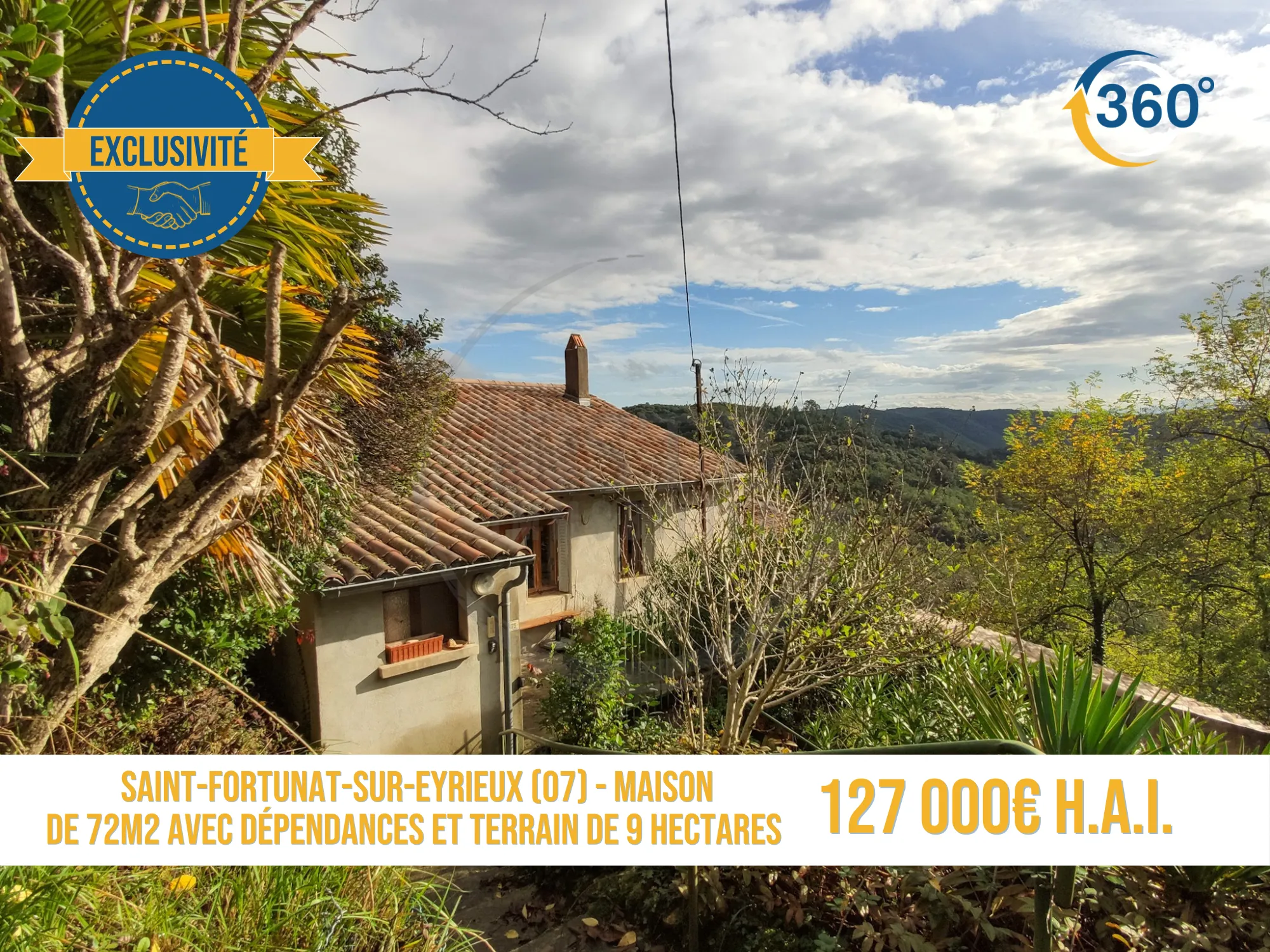 Maison de 72 m² habitables avec dépendances et 9 hectares de terrain à Saint-Fortunat-sur-Eyrieux 