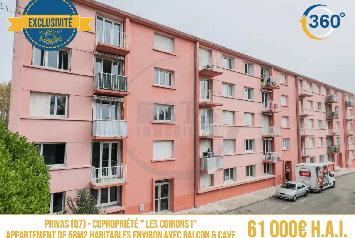 Investissement : Appartement 58m² à Privas au 3ème étage avec balcon 