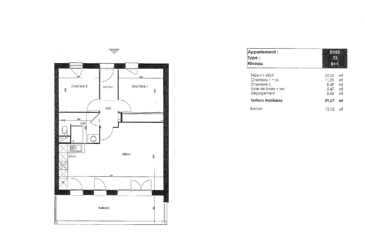 À vendre : Appartement T3 de 59,53 m² à Rouffiac-Tolosan 