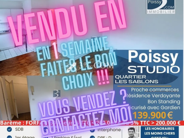 Studio lumineux avec parking dans résidence de standing à Poissy