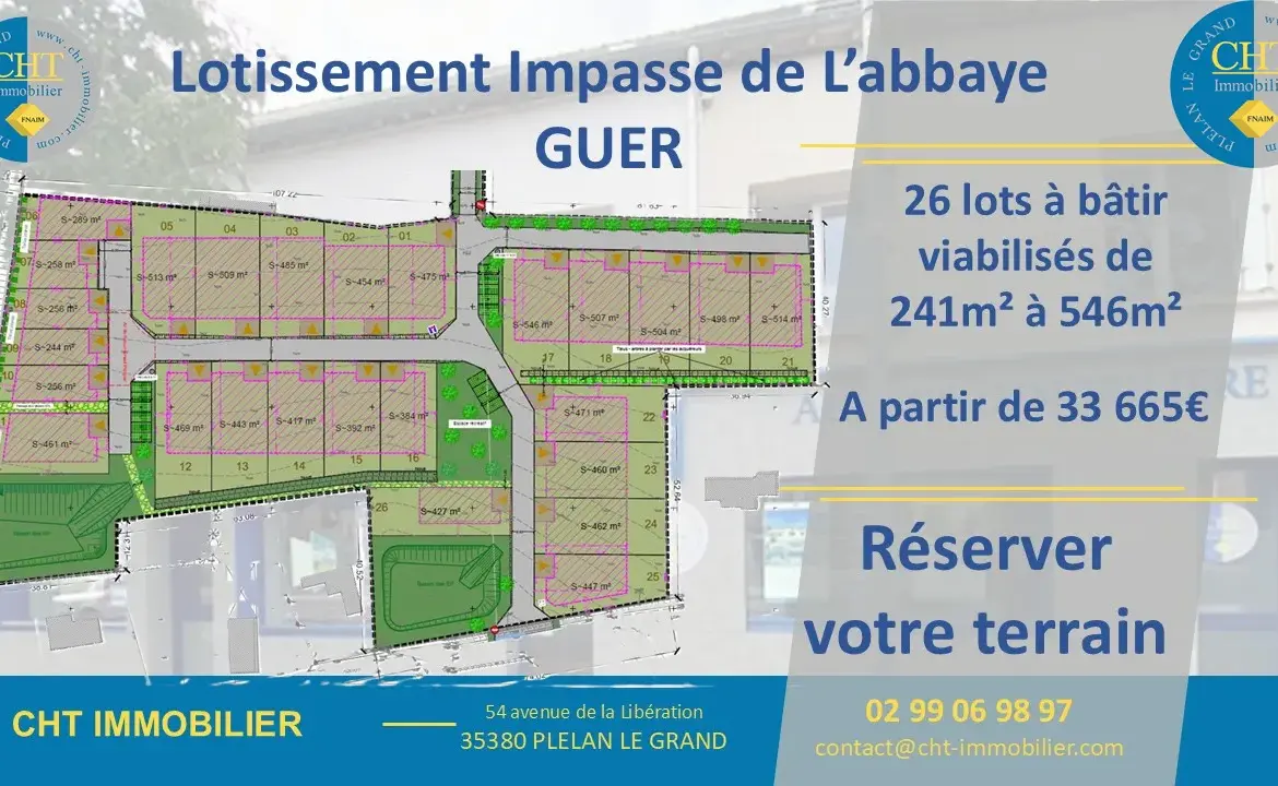 Vente terrain constructible 241m2 à GUER (56380) 