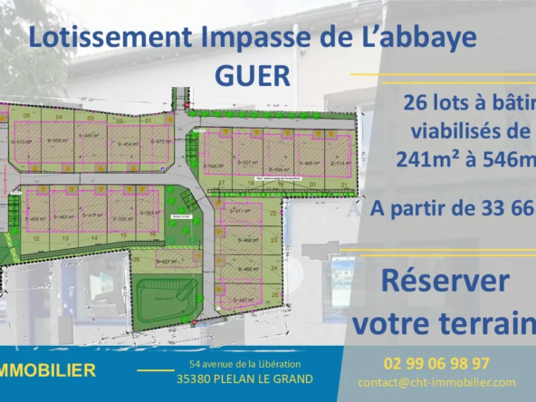 Vente terrain constructible 241m2 à GUER (56380)