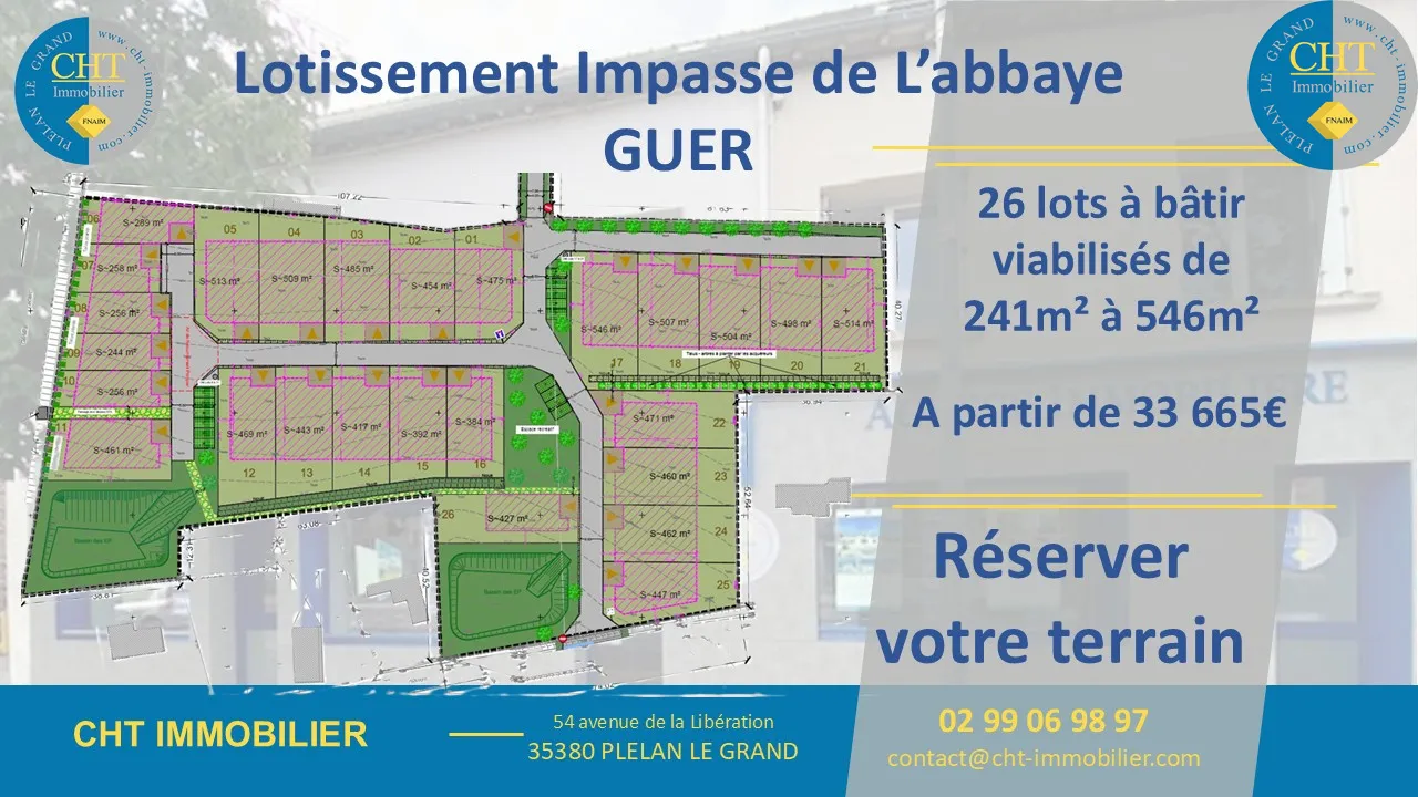 Vente terrain constructible 241m2 à GUER (56380) 