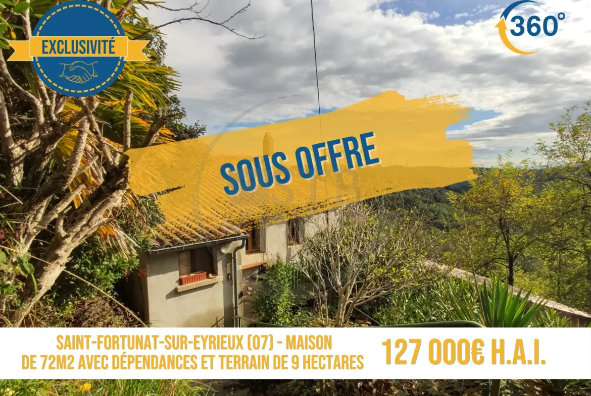 Maison de 72 m² habitables à Saint-Fortunat-sur-Eyrieux avec terrain de 9 hectares 